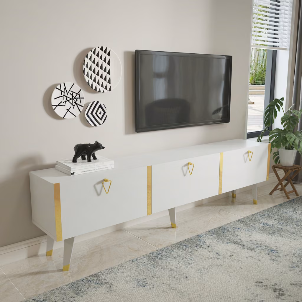 Milagro TV komoda, sjajni, bijelo-zlatni