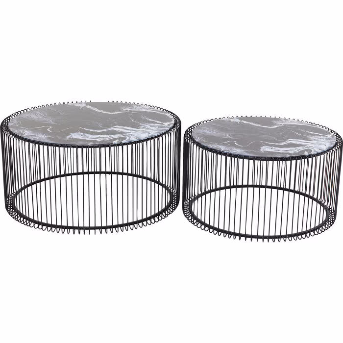 Coffee Table Wire Glass Marble Black (2/Set)