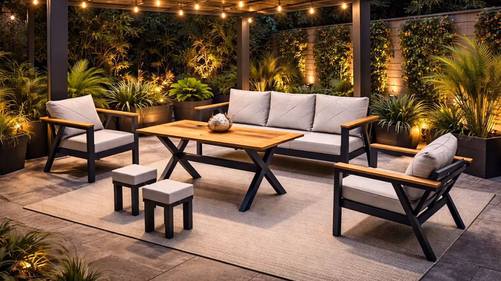 Lotus Sofa Set baštenska garnitura sa trosedom, foteljama, stolom i tabureima donosi moderan dizajn i udobnost