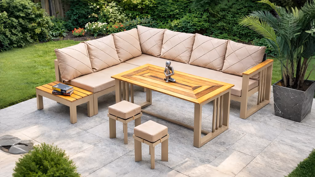 Roma Corner Set baštenska ugaona garnitura sa stolom i tabureima pruža udobnost i moderan stil