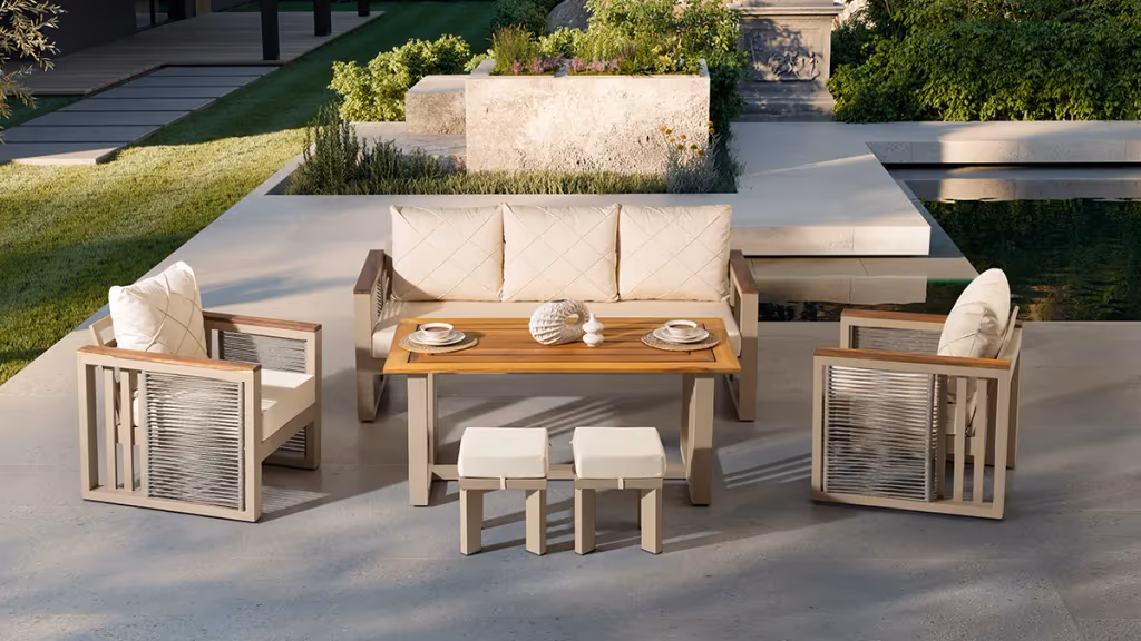 Roma Plus Sofa Set baštenska garnitura sa trosedom, foteljama, stolom i tabureima pruža udobnost