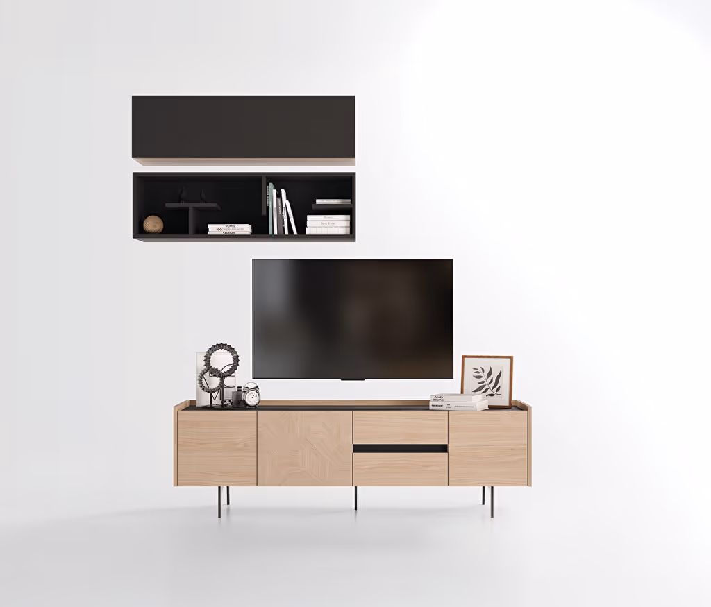 Terra Light Oak-Anthracite Standing Tv Stand + Top Module with Lift Cover